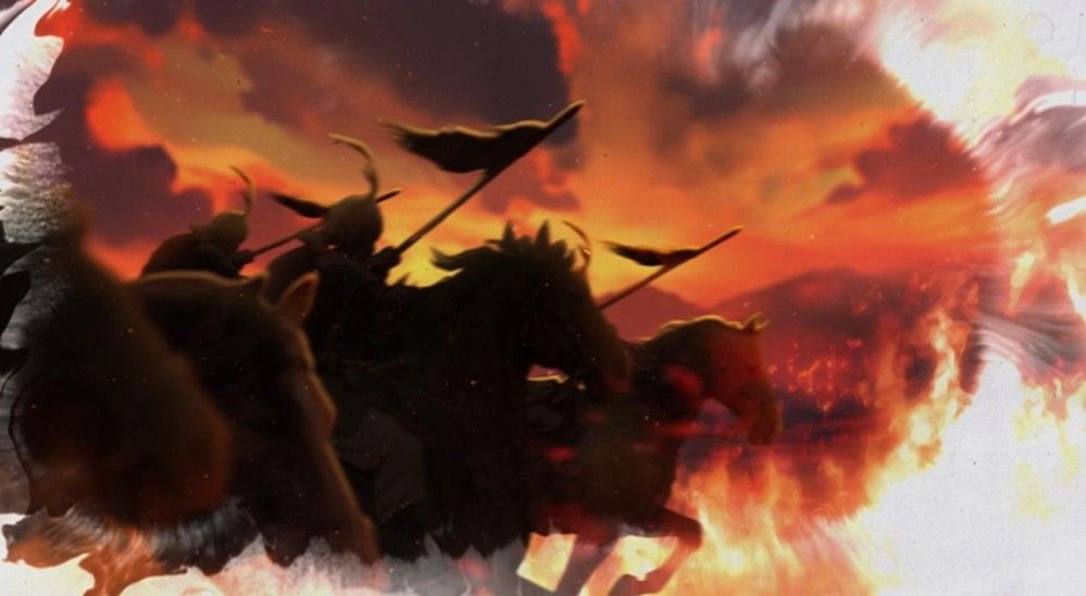 吕布形象的狼人杀角色立绘，身穿重甲手持长戟，背景为燃烧的城池与滚滚狼烟，气势逼人