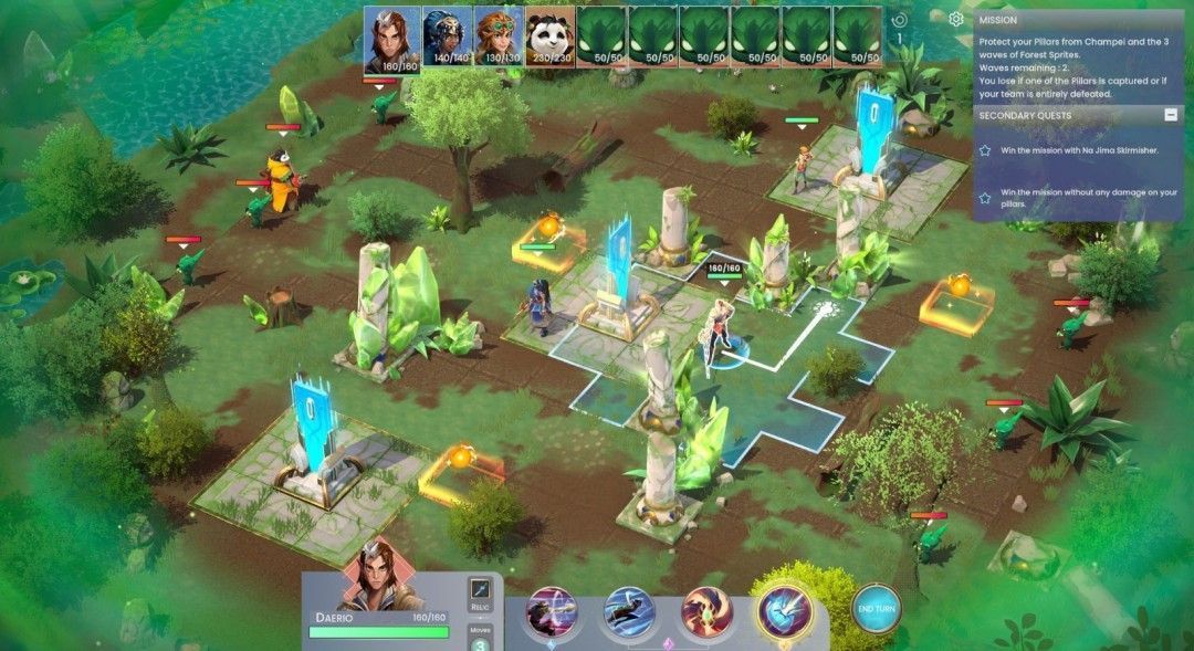 剧情任务战斗场景，三名英雄在浮空平台上与敌方单位激烈交战，技能特效绚丽