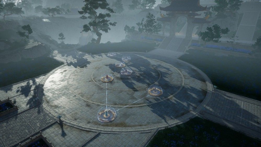 《射雕》新副本问道终南山场景图，角色伫立于古朴道观前，夜色中灯火通明，远处七道身影结成天罡北斗阵，气势恢宏