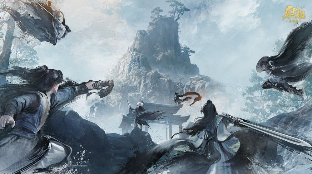 华山激战区战斗场景，多名玩家在山巅激烈交锋，空中飘散着宝箱与掉落物特效，背景为夕阳下的华山绝壁