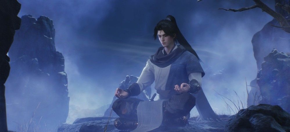 角色在门派经阁前领取三阶内功秘籍，界面显示‘全真教·三阶内功’解锁状态与属性预览