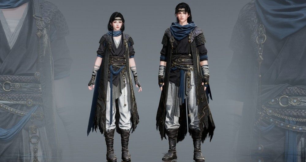 角色身穿‘信陵饮’时装立绘，黑色长袍配蓝色内衬，腰间挂玉佩，背景为竹林夜景，氛围冷峻优雅