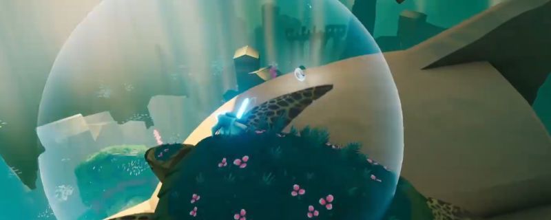 《海之剑》雾隐沧海区域场景，远处矗立着神秘牛角雕像，近处地面上闪烁着一枚发光的贝壳