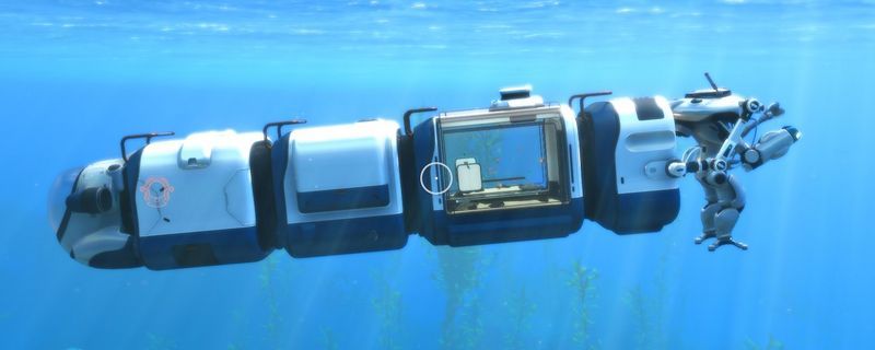 玩家角色正在扫描一座沉没的先驱者建筑，蓝色数据光束从设备射向古老结构，周围海水幽暗，凸显神秘氛围