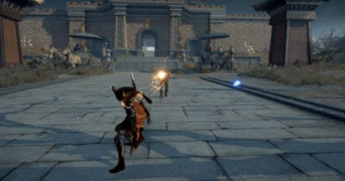 技能演示图，万钧释放万雷枪，长枪飞出带起一串雷光轨迹