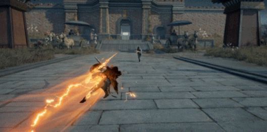 战斗场景截图，万钧在空中突袭敌人，雷光四溅，敌人被击飞