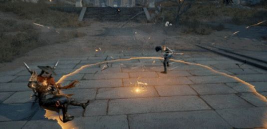 万钧与席拉并肩作战概念图，雷电与火焰交织，气势逼人