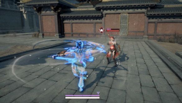 角色施展“勾挂”接“勾旋斩”的战斗画面，戟影翻飞，敌人被击退数米远