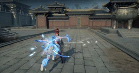 角色使用钩锁飞向空中敌人，双戟高举准备下劈，背景为破碎的古战场