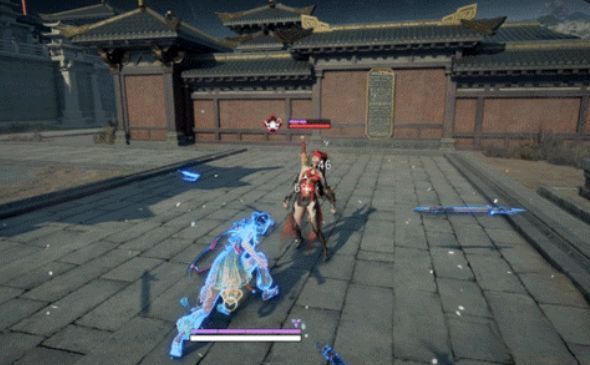 角色右键蓄力释放强力横扫，双戟带起金色气浪，敌人被击飞撞向石柱