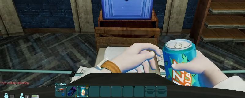 《非生物因素》中蓝色与蓝绿色KIZZ汽水并列展示，瓶身标签清晰可见，背景为废土风格的便利店残骸