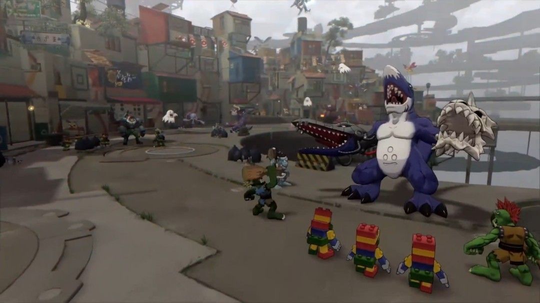 主角团在昏暗的地下设施中前行，周围布满未知符号与发光装置，充满科技感