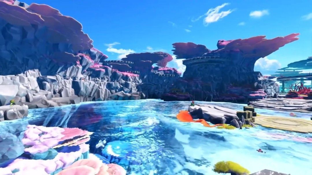 时空裂缝中浮现古代数码世界景象，远处巨兽若隐若现，气氛诡谲