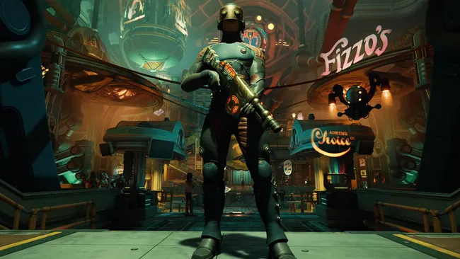 主角持枪作战场景，火花四溅的枪战画面，背景为未来风格的废弃工厂