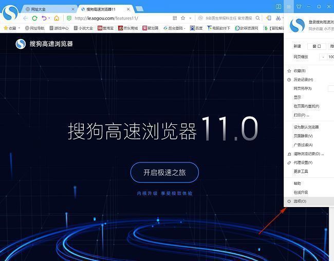 下拉菜单中“选项”条目被鼠标指针指向，位置位于菜单底部