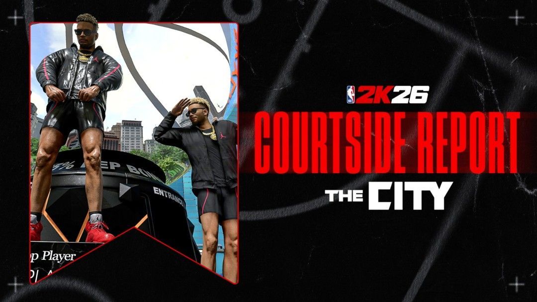 《NBA®2K26》中the City全新场景展示，高楼林立的虚拟都市中球员在公园球场激烈对抗，周围观众环绕，光影效果逼真