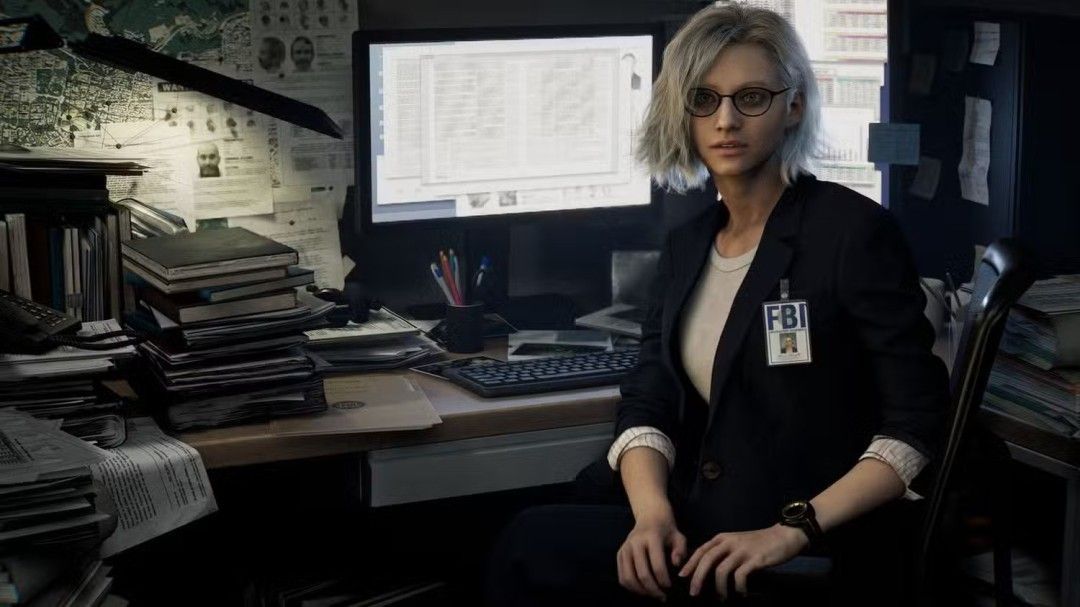 《生化危机：安魂曲》主角格蕾丝·阿什克罗夫特角色立绘，身穿FBI战术装备，神情坚毅地站在昏暗的实验室走廊中，背景可见生化污染痕迹