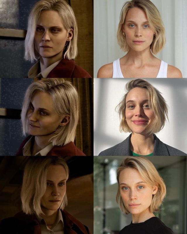 德国模特Kate Delic的公开照片，身着复古风衣，神情冷艳，与游戏中艾莉莎·阿什克罗夫特的成熟气质高度契合