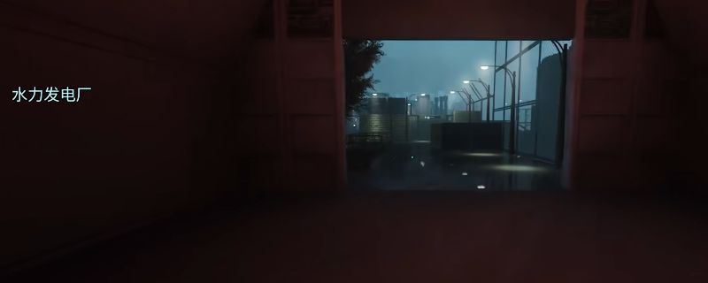 《非生物因素》水力发电厂外部场景，建筑锈迹斑斑，周围水流湍急，远处可见破损的输电塔