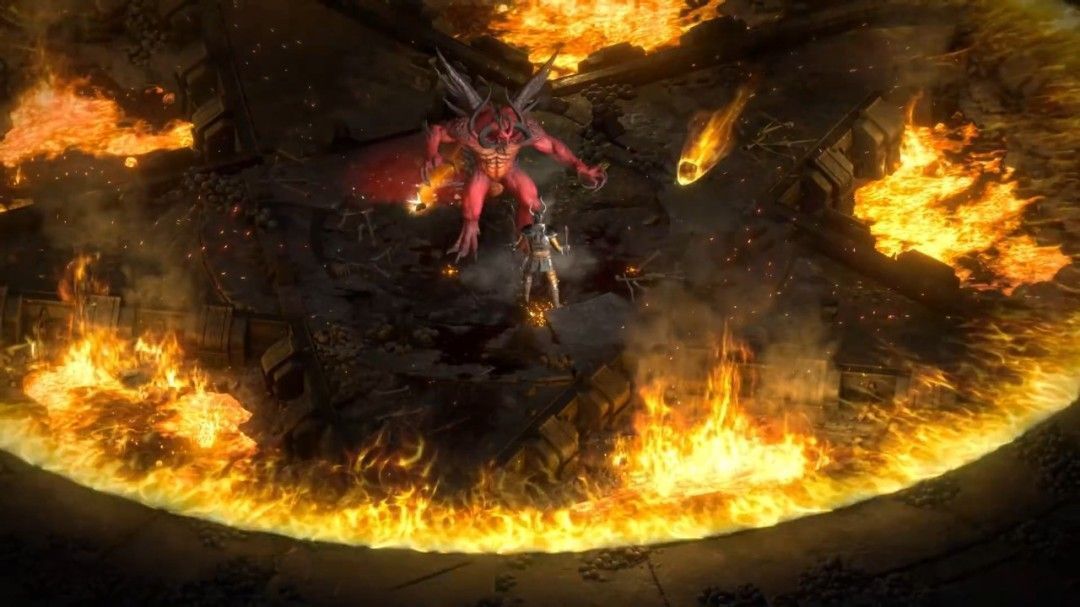 《暗黑破坏神2：重制版》多人联机场景概念图，多名角色协同作战，背景为阴暗的地狱战场