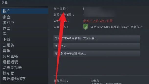 Steam账户设置页面，右侧明确标注‘账户名称’及其对应的唯一ID，信息高亮显示便于识别