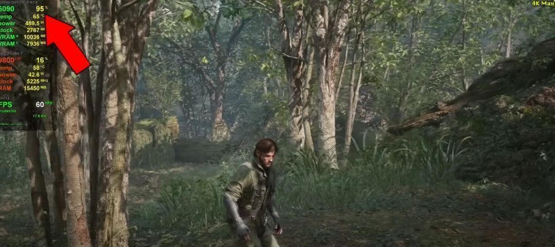 性能测试图表显示《合金装备3：重制版》在不同设置下的帧率表现，红色曲线剧烈波动，明显低于60帧基准线