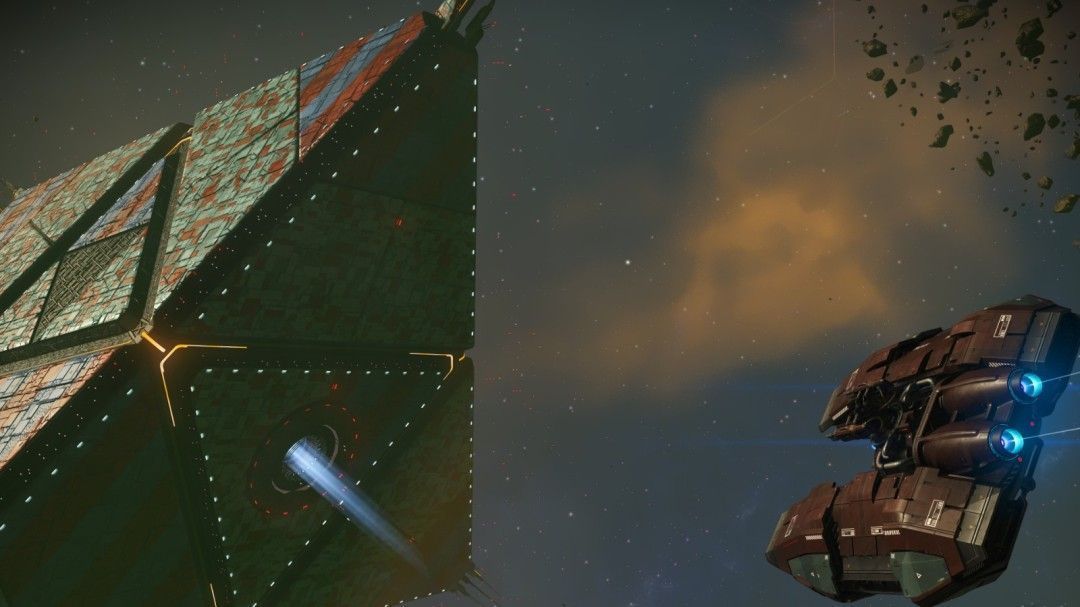 玩家身穿宇航服在太空中漂浮，背后是巨大的护卫舰与绚丽的星云背景