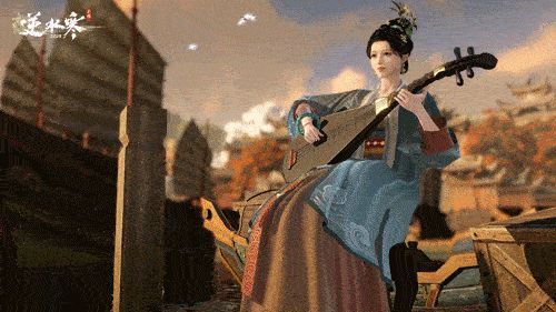 剧情动画片段，角色在月下抚琴，琴音化作光波扩散，周围花瓣随旋律飘动