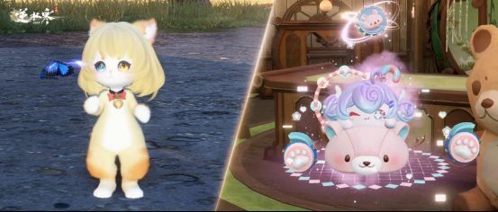 玩家骑乘蛋糕造型祥瑞，头顶漂浮小甜点，整体画风可爱梦幻