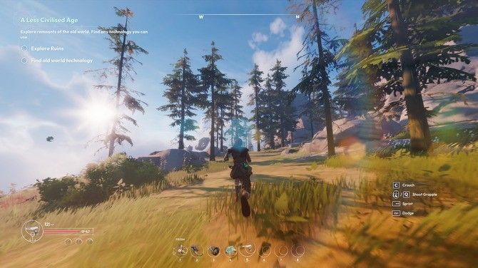 玩家驾驶自制天空船穿越风暴云层，闪电照亮机械结构与破败城市废墟