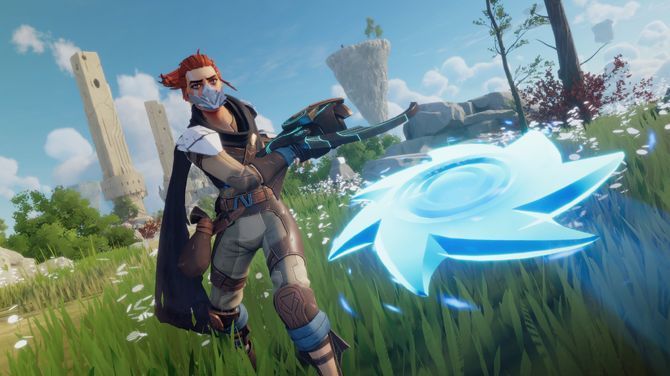 角色站在浮空岛屿边缘眺望远方，下方是深不见底的云海与残破建筑群