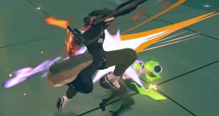 狛野真斗释放特殊技瞬间，刀刃燃起烈焰，前方敌人被火焰冲击波击飞