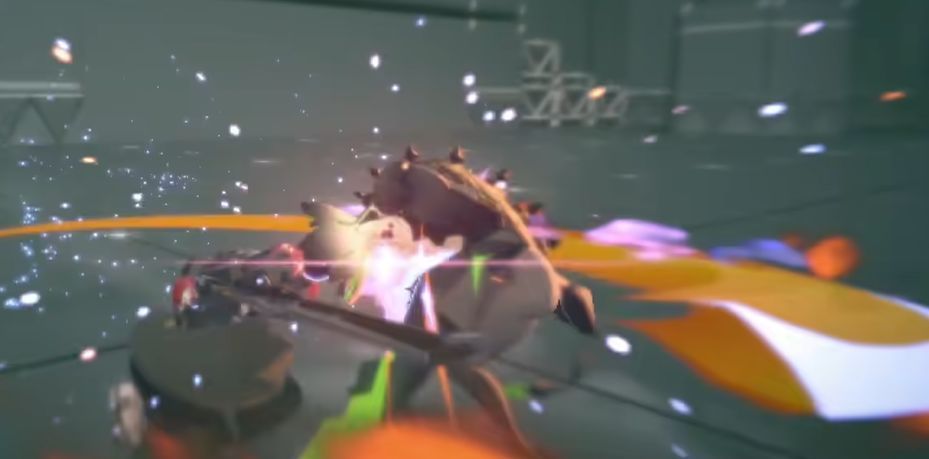 狛野真斗施展招架动作，双臂交叉挡下敌人重击，随后迅速反击，刀光划破空气