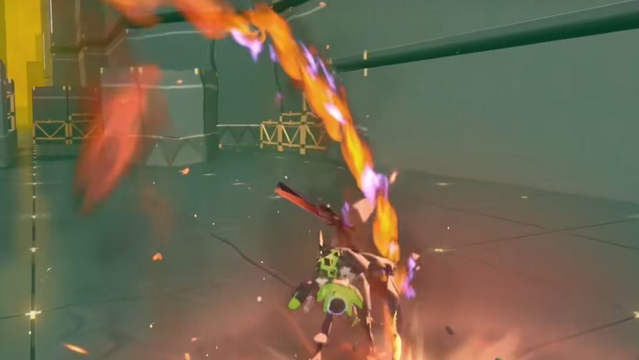 狛野真斗在战斗场景中挥刀斩敌，背景为废墟都市，火焰与刀光交织，视觉效果震撼