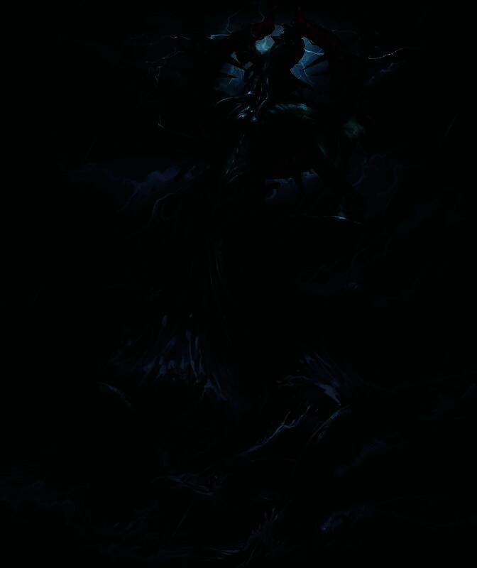 BOSS战场景：旧神乌塔奎诺从海底巨口现身，触须翻腾，周身环绕风暴与雷电，压迫感十足