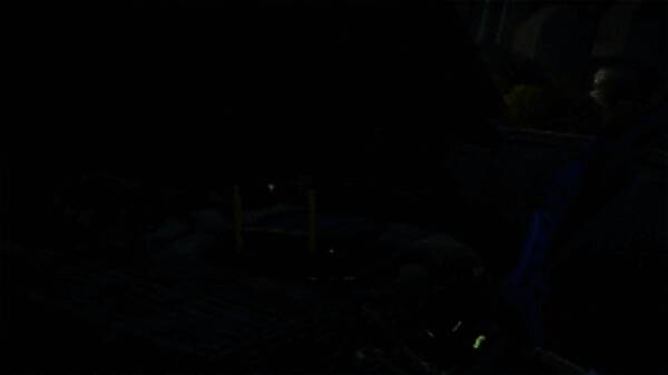 玩家视角下坡后直视前方平台，远处可见密码门轮廓