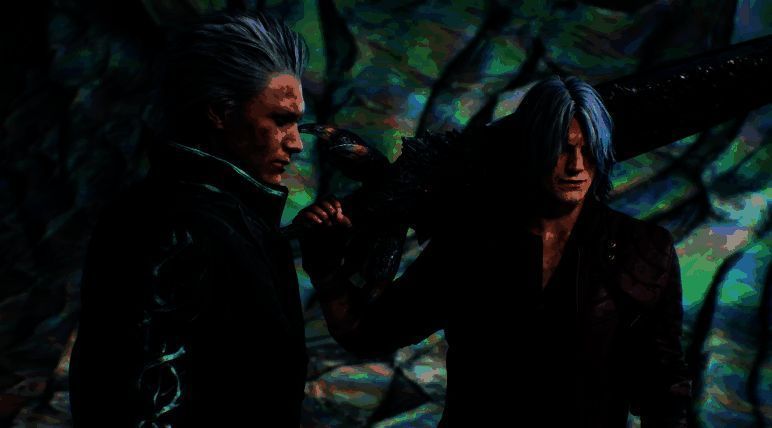 《鬼泣5》游戏画面，但丁与尼禄并肩作战，技能特效华丽