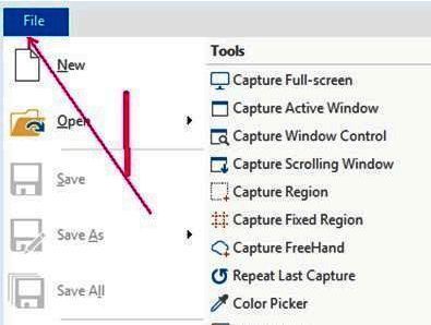 PicPick软件界面左上角的File文件菜单位置示意图