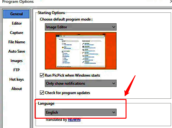 PicPick语言设置选项中选择简体中文的下拉菜单界面