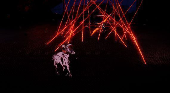 海伦在战场上快速闪避，身后留下残影，前方出现半透明能量蹦床，敌人被弹向空中