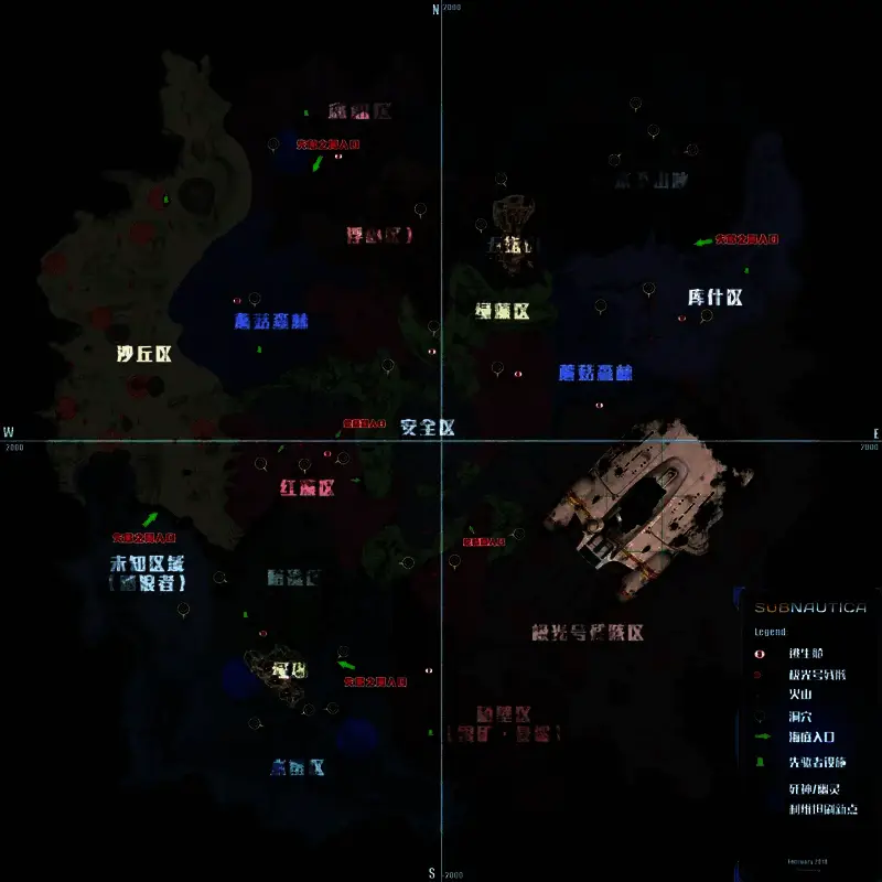 《深海迷航》浅水区高清地图，标注了资源点、结构物和潜在任务目标位置