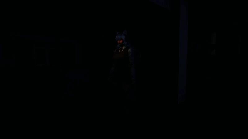 游戏内场景，主角站在空荡的教学楼大厅，灯光闪烁，氛围诡异