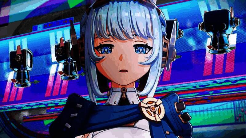 伊涅芙角色立绘，金属质感机体搭配蓝紫配色，眼神灵动，身后悬浮着小型无人机装置