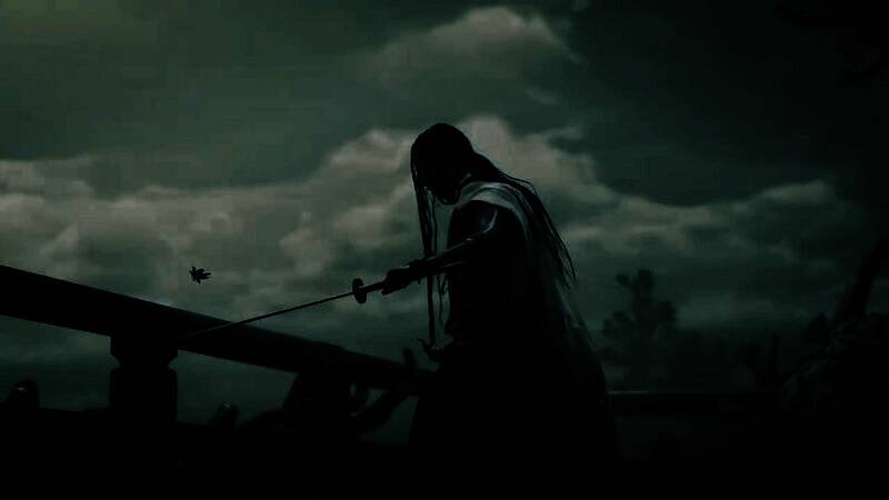 主角与一名受伤村民对话，背景为倒塌的鸟居和飘散的符纸