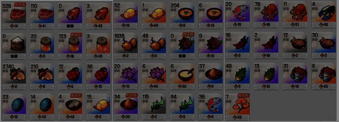 表格展示不同等级食材在交易行的单价与总收益计算过程，数据清晰排列