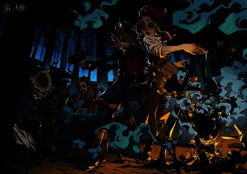 《第五人格》林中童话玩法场景，森林中多支双人小队正在追逐泼水，画面充满童趣与动感特效