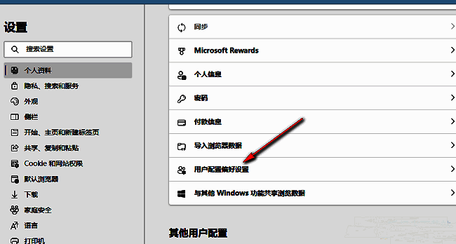 Edge个人资料设置页面中用户配置偏好设置选项界面