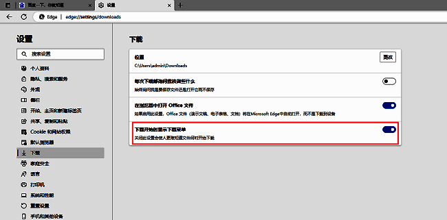 Edge浏览器中开启下载菜单自动显示开关的操作界面