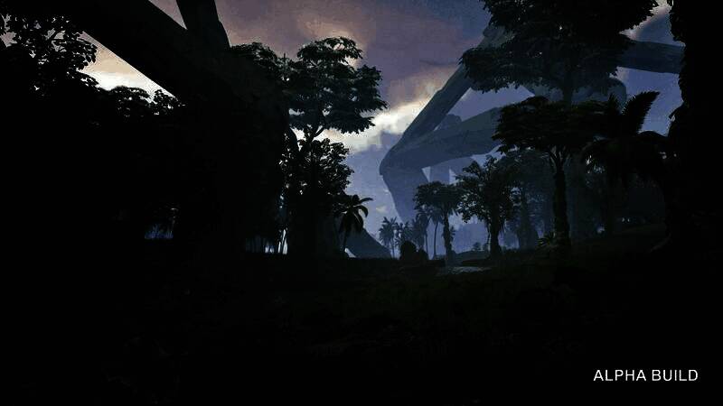 《Lost Rift》游戏场景展示，热带岛屿丛林密布，远处火山若隐若现，充满神秘与危险气息