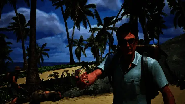 玩家角色手持自制步枪站在海滩边，背景是浓雾笼罩的热带岛屿，气氛紧张而神秘